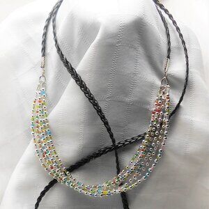 Handmade leather ribbon necklace with 3mm glass and metal beads - No. 721